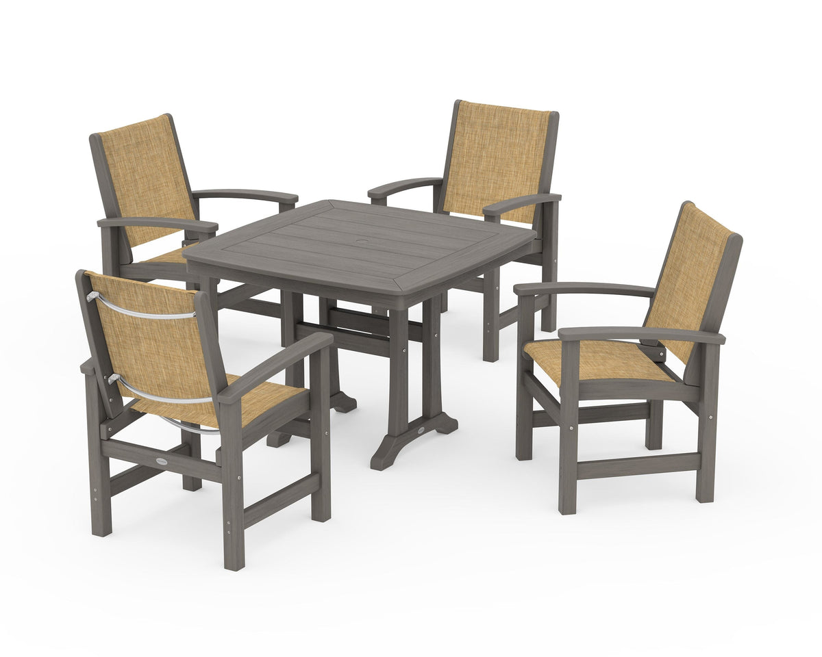 POLYWOOD Coastal 5-Piece Dining Set with Trestle Legs with Nautical Trestle 37" Dining Table in Driftwood / Burlap