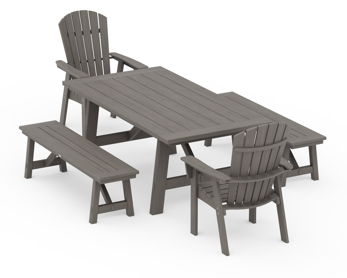 POLYWOOD Nautical Curveback Adirondack 5-Piece Rustic Farmhouse Dining Set with Benches in Driftwood