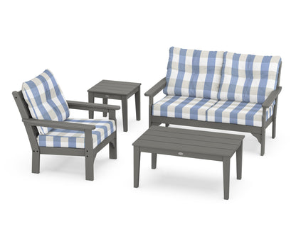 POLYWOOD Vineyard 4-Piece Deep Seating Set with 36" Coffee Table in Slate Grey / Buffalo Plaid Sky Blue