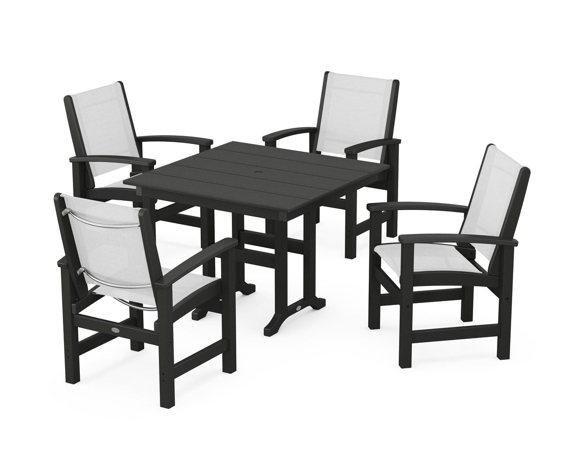 POLYWOOD Coastal 5-Piece Farmhouse Dining Set with Farmhouse 37" Dining Table in Black / White