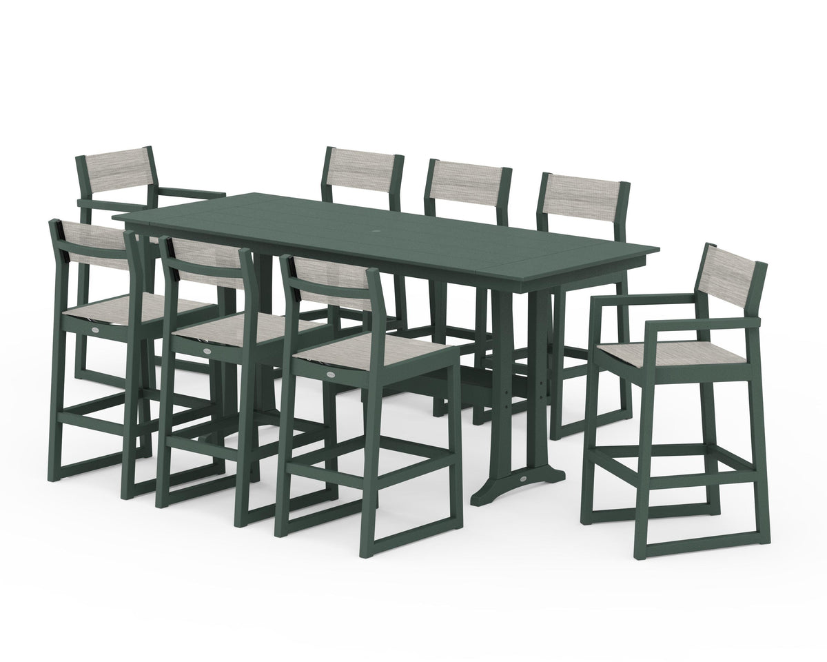 POLYWOOD EDGE Sling 9-Piece Farmhouse Bar Set with Trestle Legs in Green / Birch