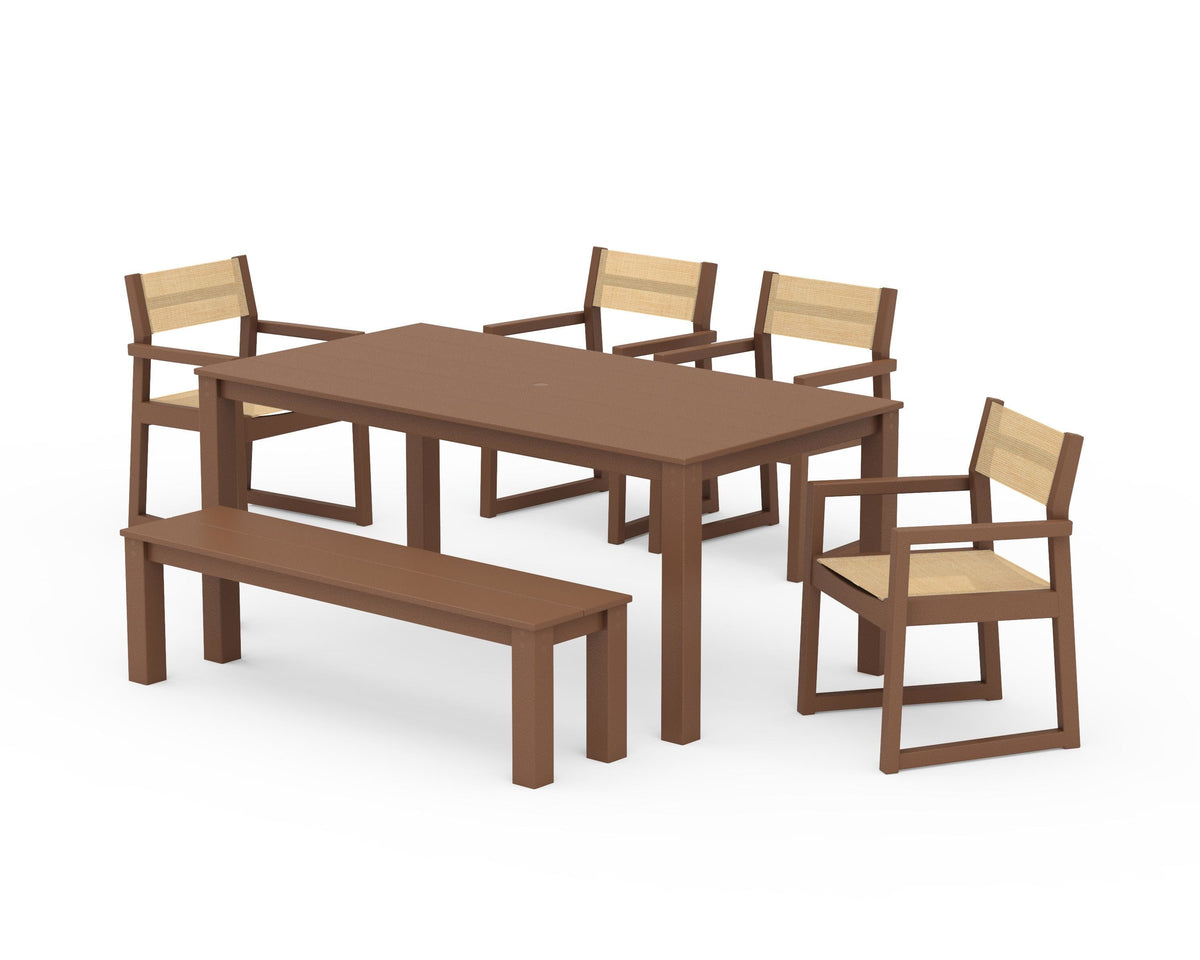 POLYWOOD EDGE Sling Arm Chair 6-Piece Parsons Dining Set with Bench in Teak / Dupioni Apricot