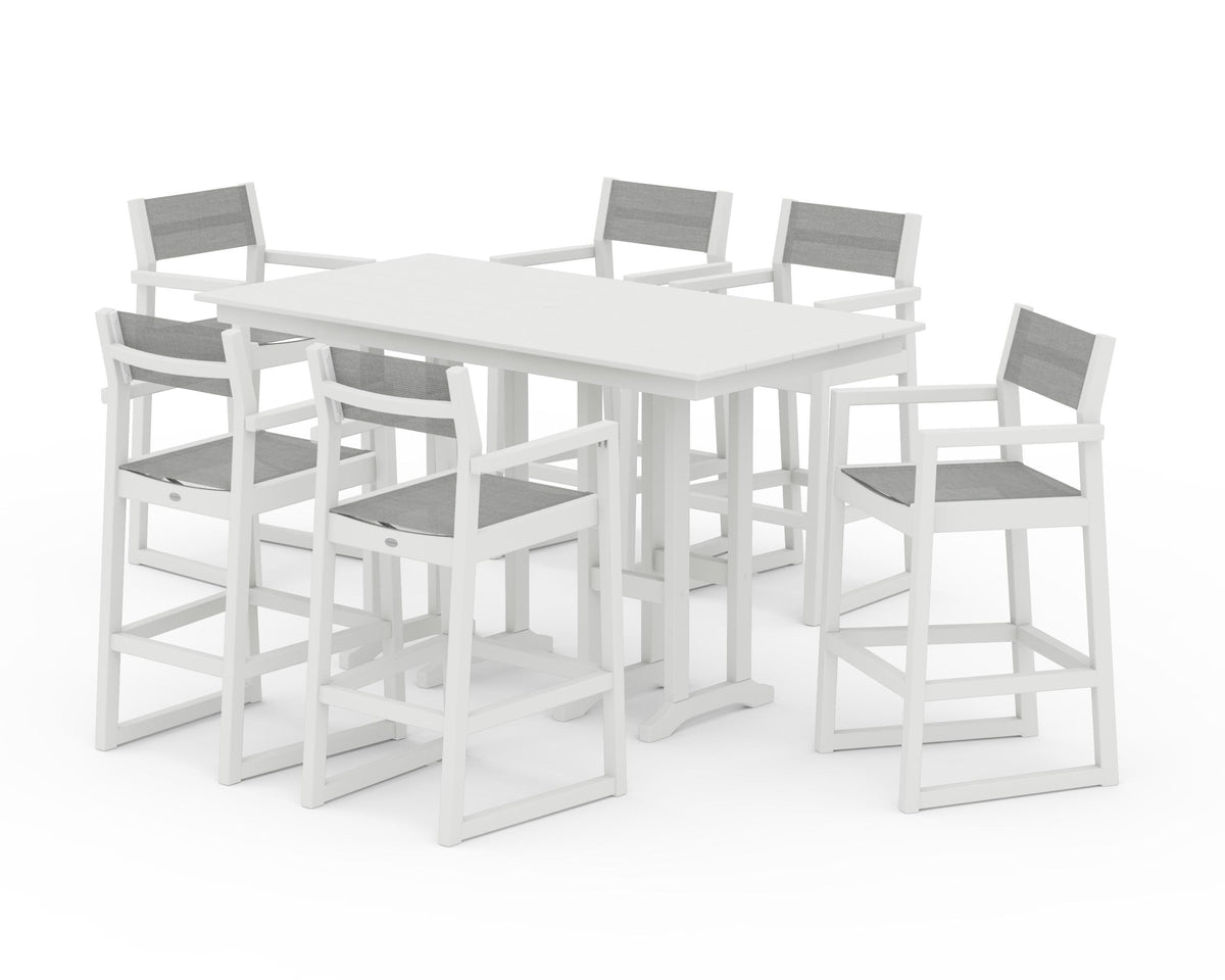 POLYWOOD EDGE Sling Arm Chair 7-Piece Farmhouse Bar Set in Vintage White / Metallic