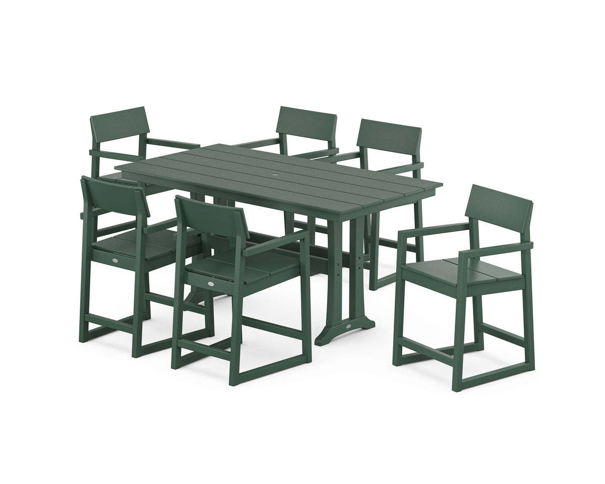 POLYWOOD EDGE Arm Chair 7-Piece Farmhouse Counter Set with Trestle Legs in Green