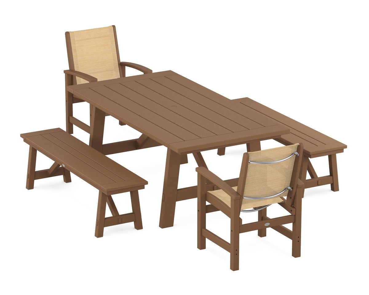 POLYWOOD Coastal 5-Piece Rustic Farmhouse Dining Set With Benches in Teak / Dupioni Apricot