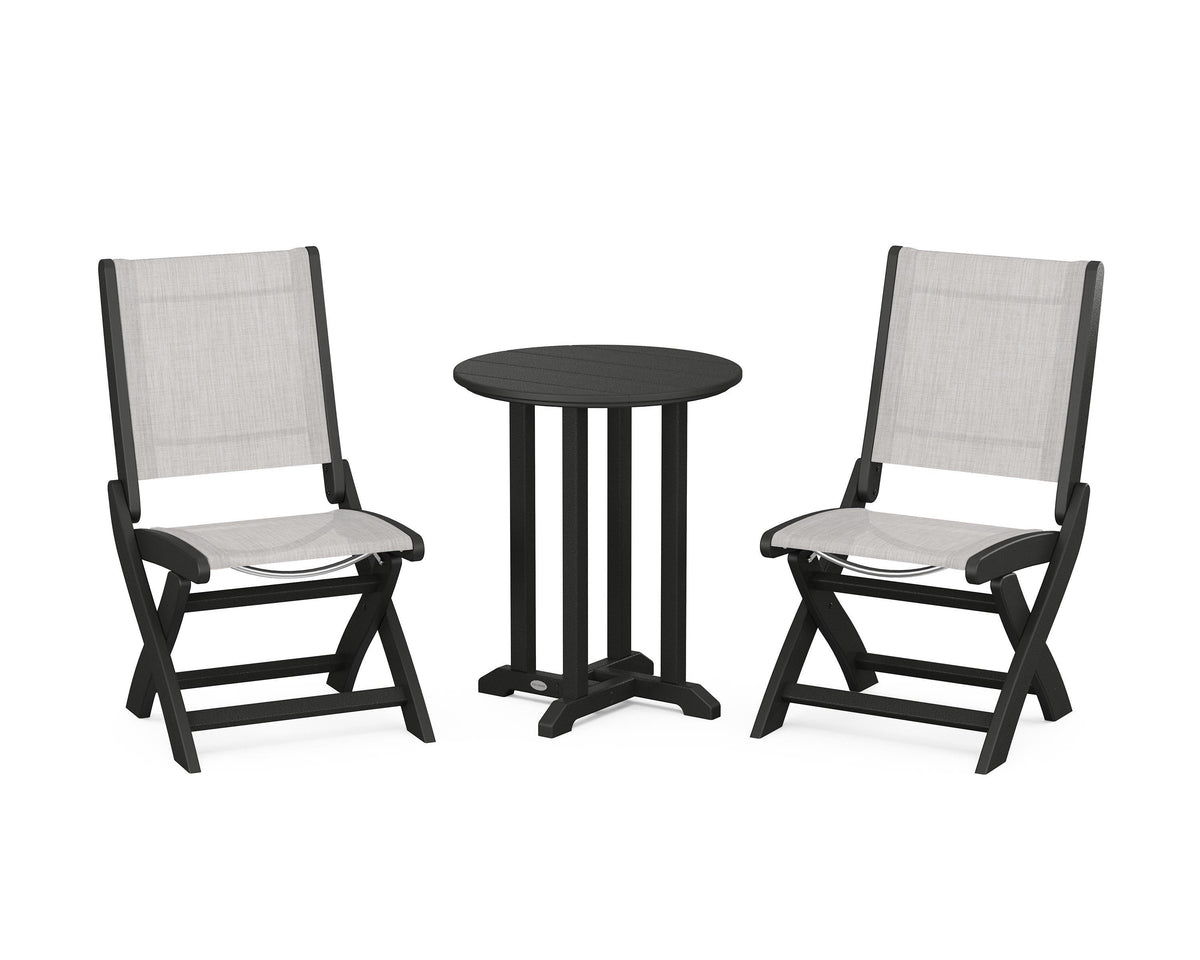 POLYWOOD Coastal Folding Side Chair 3-Piece Round Bistro Dining Set in Black / Parchment