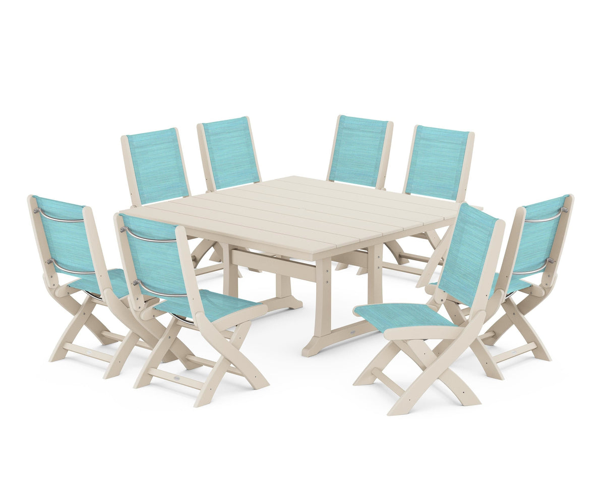 POLYWOOD Coastal Folding Side Chair 9-Piece Farmhouse Dining Set in Sand / Dupioni Aquamarine