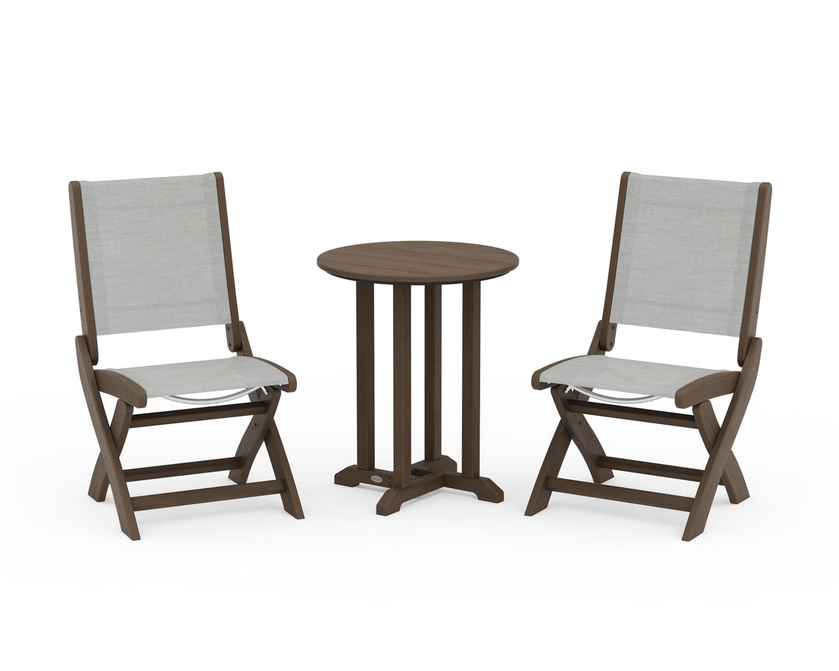 POLYWOOD Coastal Folding Side Chair 3-Piece Round Bistro Dining Set in Kona / Metallic