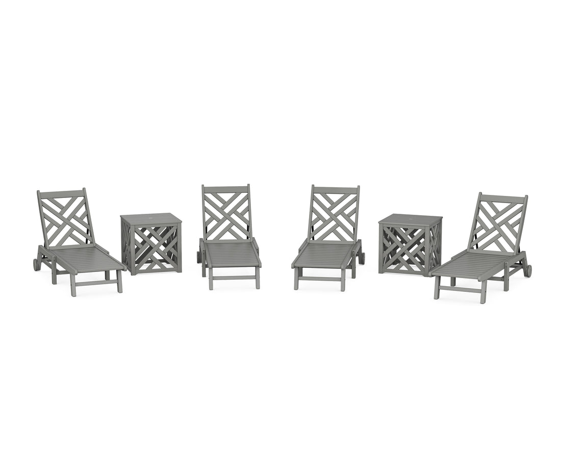 POLYWOOD Chippendale 6-Piece Chaise Set with Wheels and Umbrella Stand Accent Table in Slate Grey