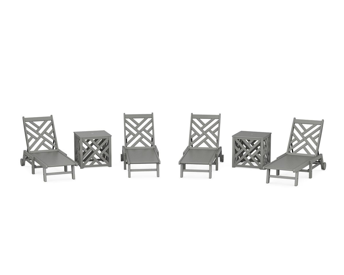 POLYWOOD Chippendale 6-Piece Chaise Set with Wheels and Umbrella Stand Accent Table in Slate Grey