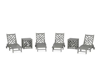 POLYWOOD Chippendale 6-Piece Chaise Set with Wheels and Umbrella Stand Accent Table in Slate Grey