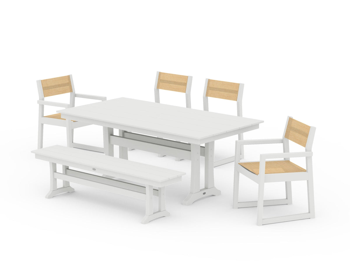POLYWOOD EDGE Sling 6-Piece Farmhouse Dining Set With Trestle Legs in Vintage White / Dupioni Apricot