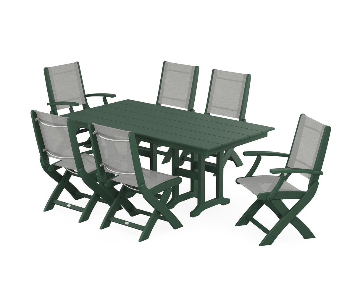POLYWOOD Coastal Folding Chair 7-Piece Farmhouse Dining Set in Green / Metallic