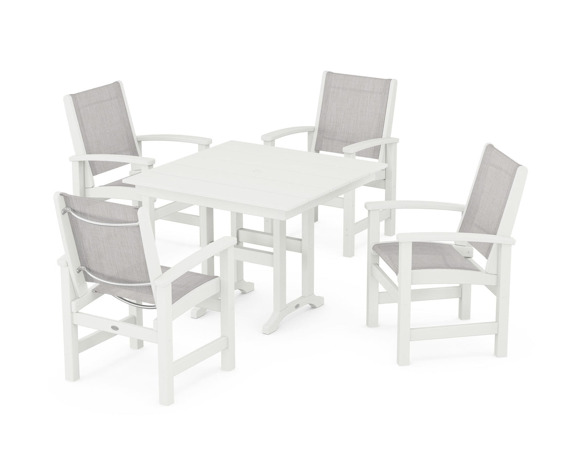 POLYWOOD Coastal 5-Piece Farmhouse Dining Set with Farmhouse 37" Dining Table in Vintage White / Parchment