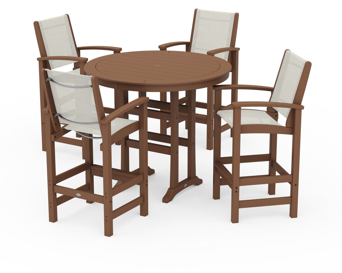 POLYWOOD Coastal 5-Piece Nautical Trestle Bar Set in Teak / Parchment
