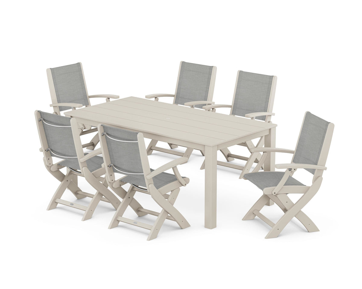 POLYWOOD Coastal Folding Chair 7-Piece Parsons Dining Set in Sand / Metallic