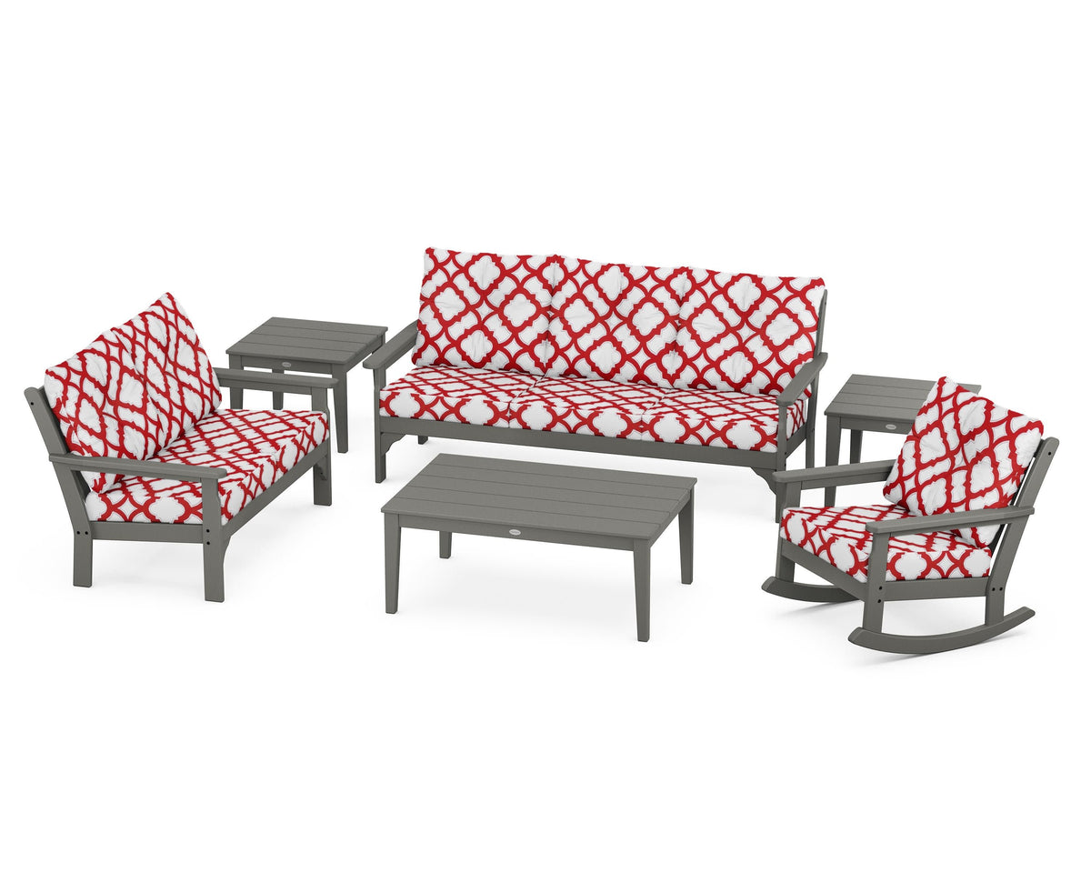 POLYWOOD Vineyard 6-Piece Deep Seating Set with Rocking Chair in Slate Grey / Trellis Crimson