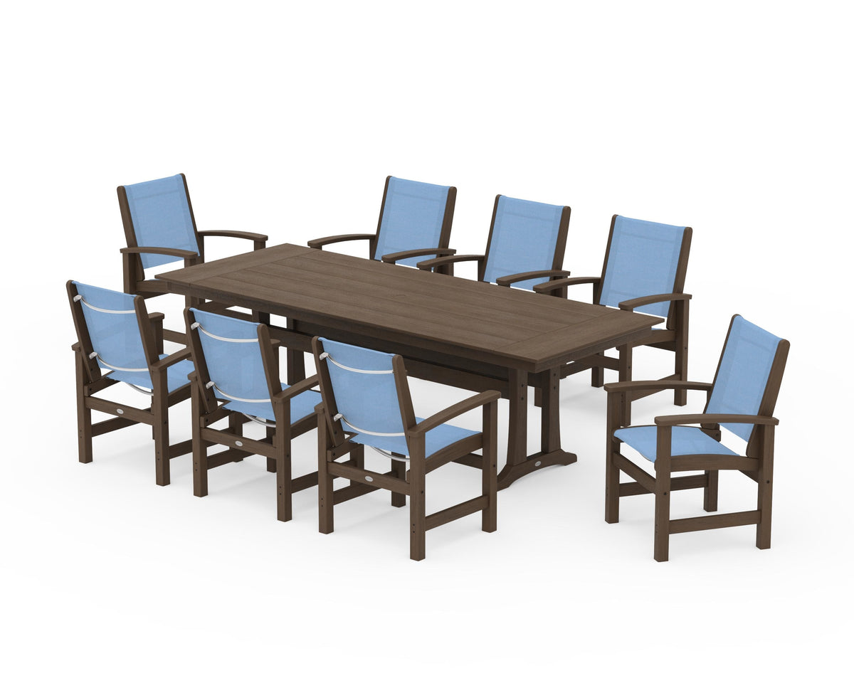 POLYWOOD Coastal 9-Piece Farmhouse Dining Set with Trestle Legs in Kona / Poolside