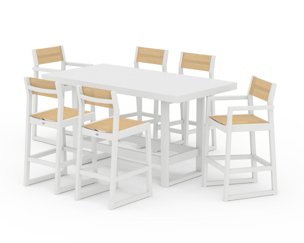POLYWOOD EDGE Sling 7-Piece Bar Table Set in White / Dupioni Apricot