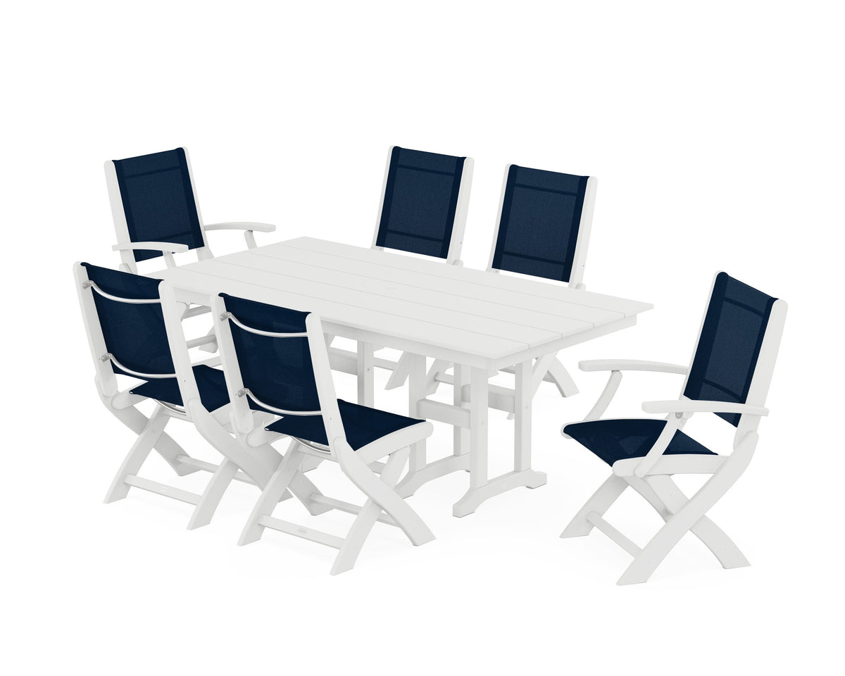 POLYWOOD Coastal Folding Chair 7-Piece Farmhouse Dining Set in White / Navy Blue