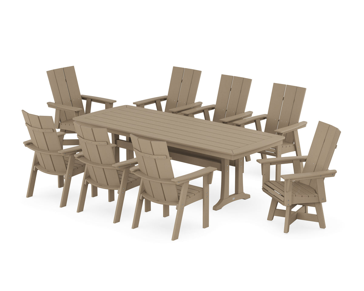 POLYWOOD Modern Curveback Adirondack Swivel 9-Piece Dining Set with Trestle Legs in Vintage Sahara