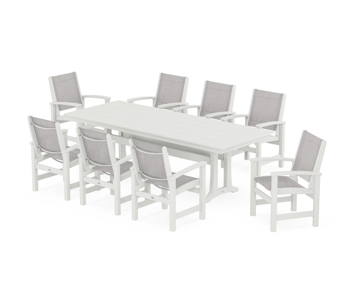 POLYWOOD Coastal 9-Piece Farmhouse Dining Set with Trestle Legs in Vintage White / Parchment
