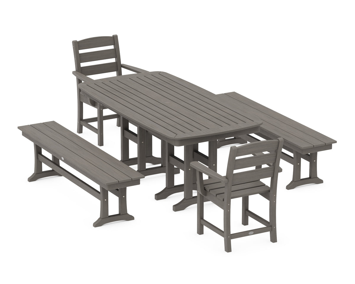 POLYWOOD Lakeside 5-Piece Dining Set with Benches - 37" x 72" Table in Driftwood