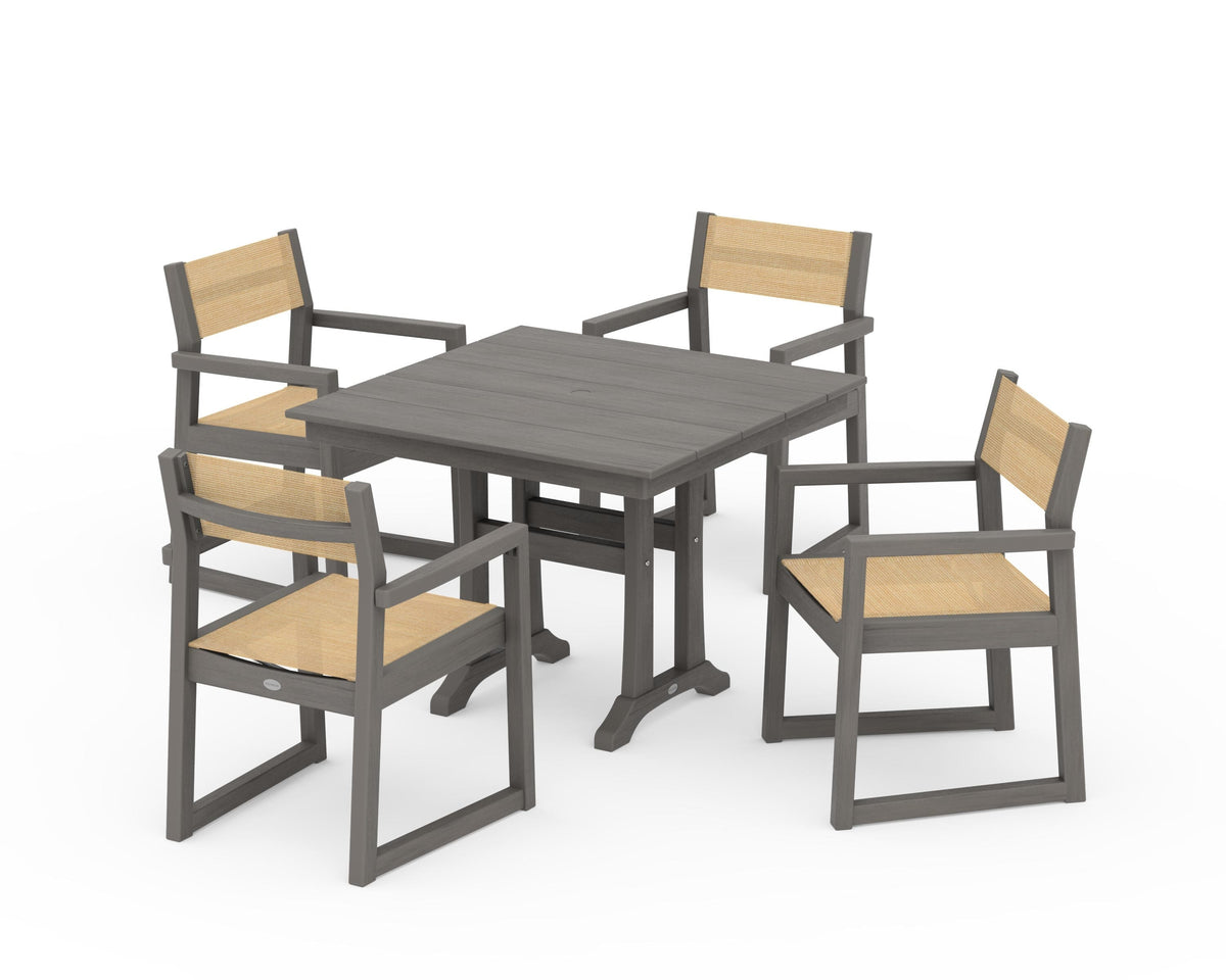 POLYWOOD EDGE Sling 5-Piece Farmhouse Dining Set with Trestle Legs in Driftwood / Dupioni Apricot