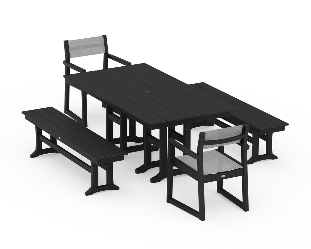 POLYWOOD EDGE Sling Arm Chair 5-Piece Farmhouse Dining Set with Benches in Black / Metallic