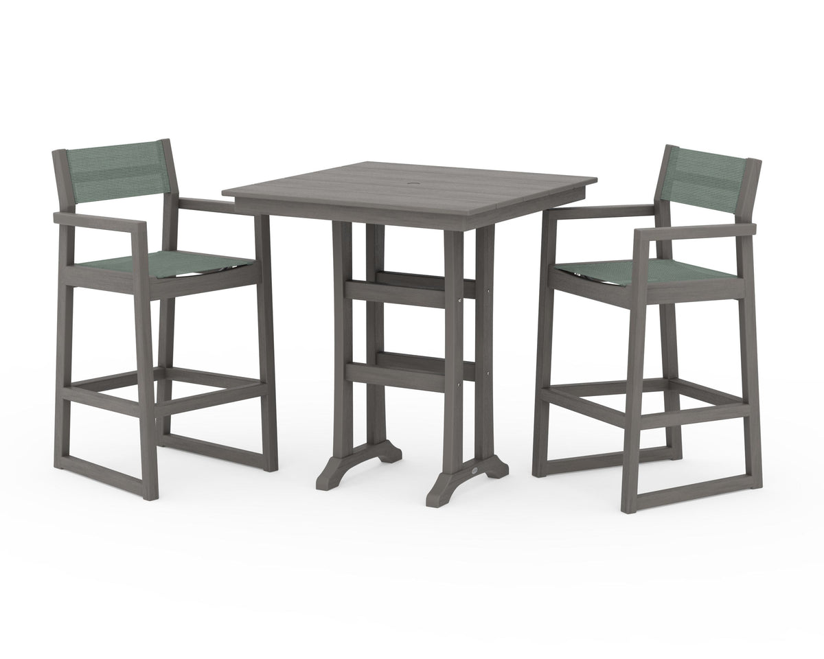POLYWOOD EDGE Sling Arm Chair 3-Piece Farmhouse Bar Set with Trestle Legs in Driftwood / Dupioni Sea Mist