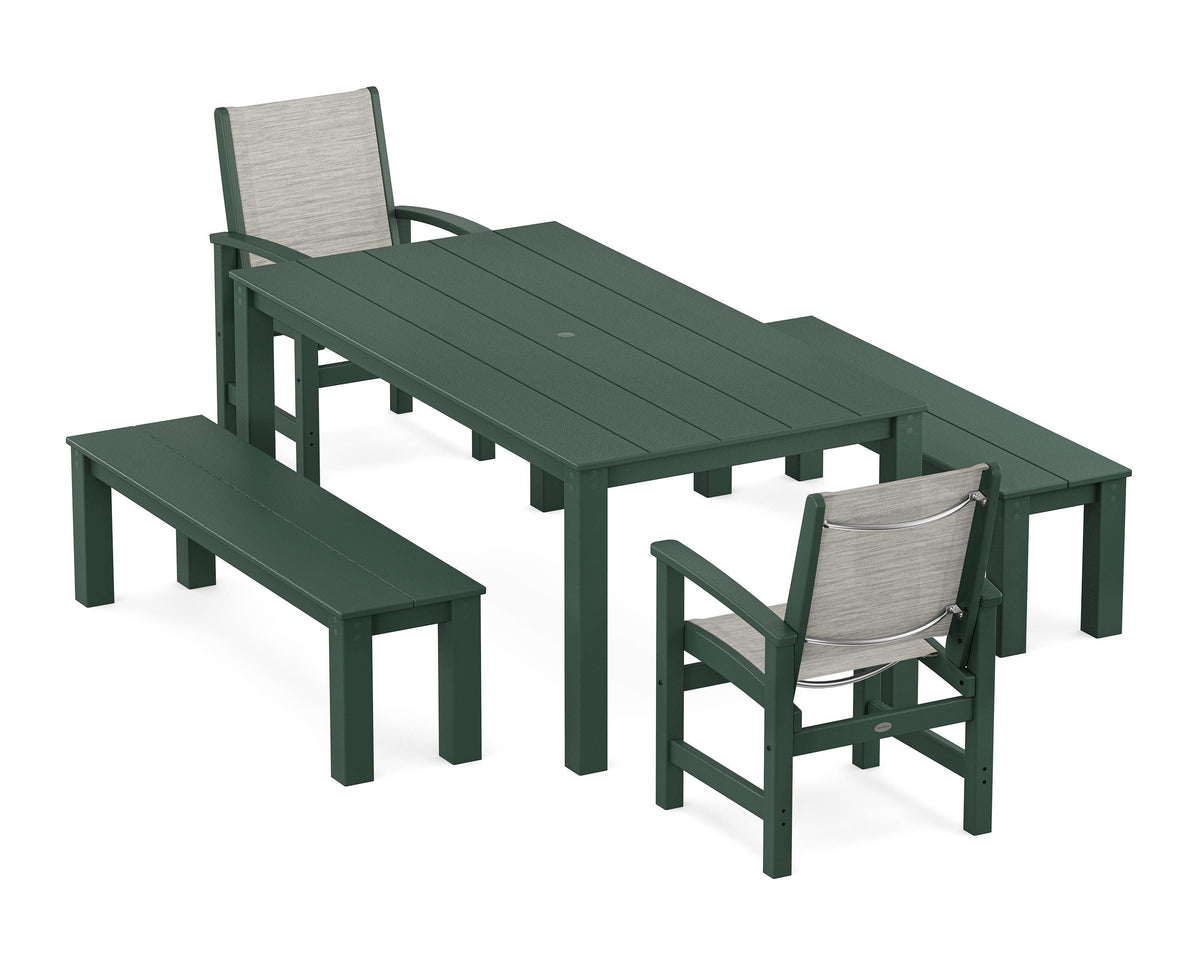 POLYWOOD Coastal 5-Piece Parsons Dining Set with Benches in Green / Birch