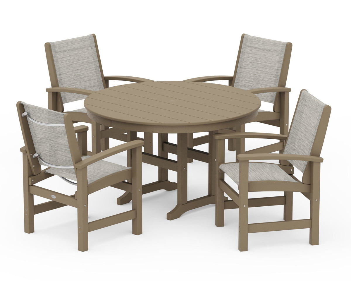 POLYWOOD Coastal 5-Piece Round Farmhouse Dining Set in Vintage Sahara / Birch