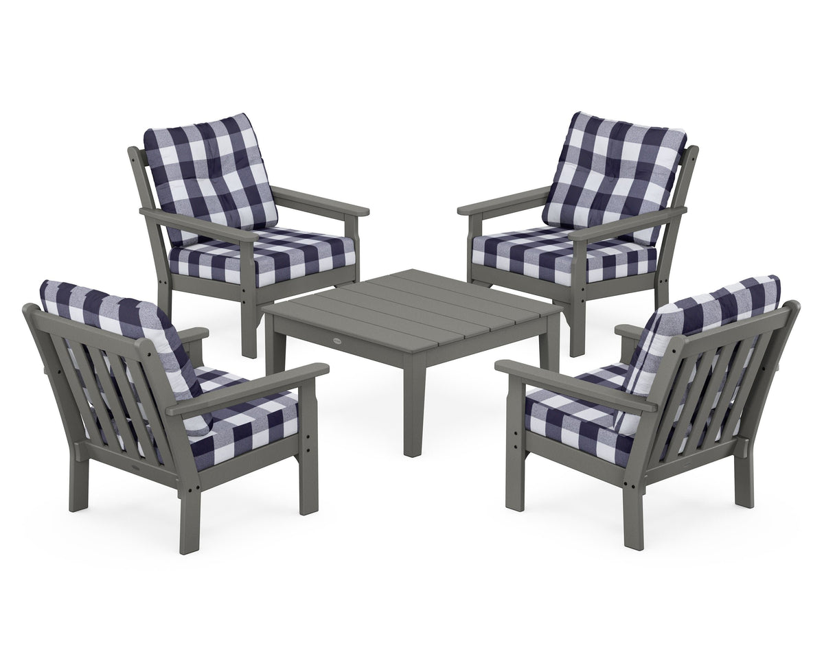 POLYWOOD Vineyard 5-Piece Deep Seating Conversation Set in Slate Grey / Buffalo Plaid Navy