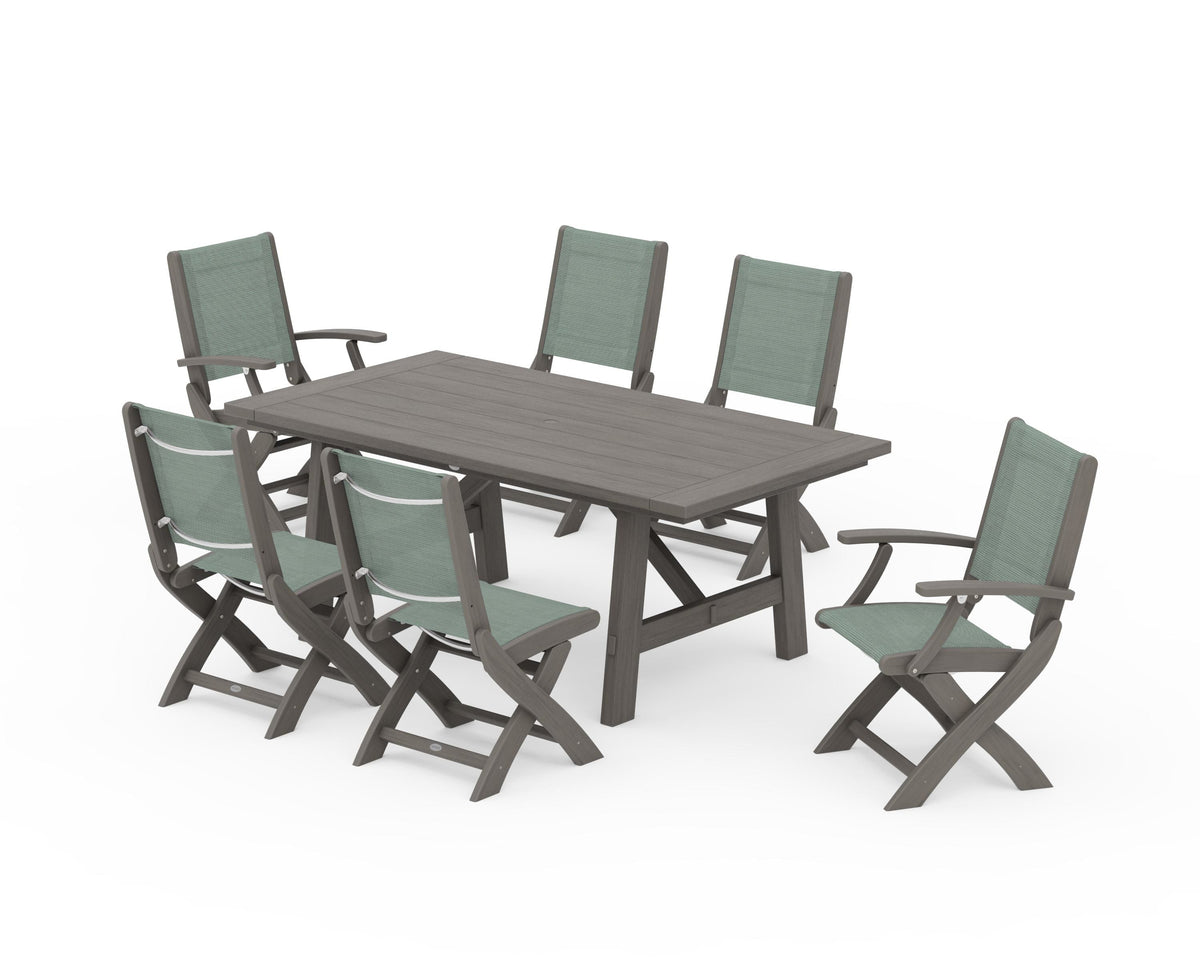 POLYWOOD Coastal Folding Chair 7-Piece Rustic Farmhouse Dining Set in Driftwood / Dupioni Sea Mist