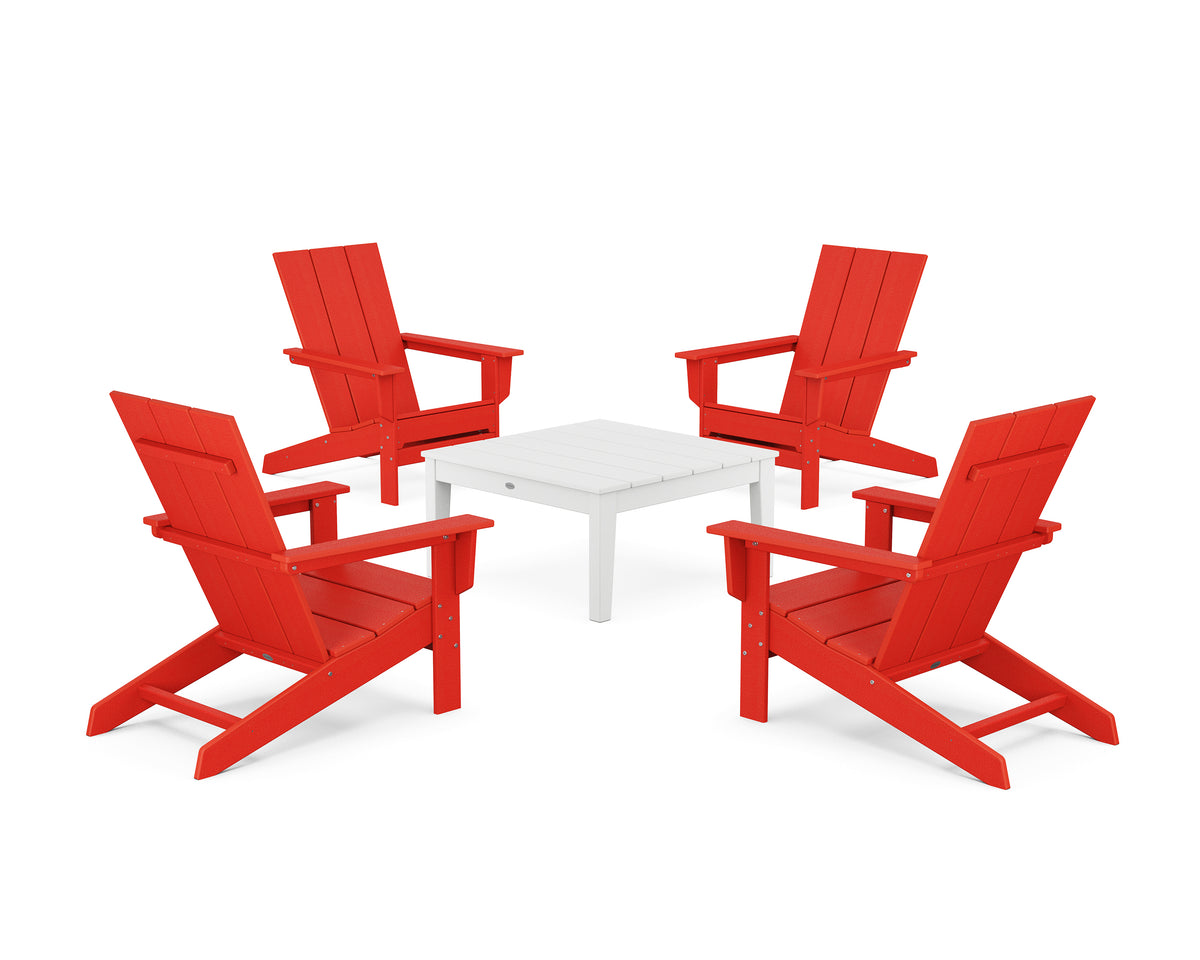 POLYWOOD 5-Piece Modern Studio Adirondack Chair Conversation Group in Sunset Red / White
