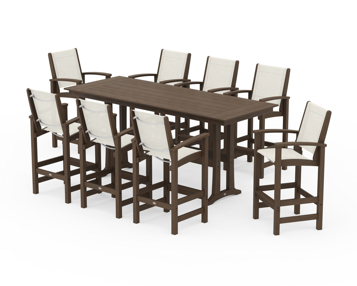 POLYWOOD Coastal 9-Piece Farmhouse Bar Set with Trestle Legs in Kona / Parchment