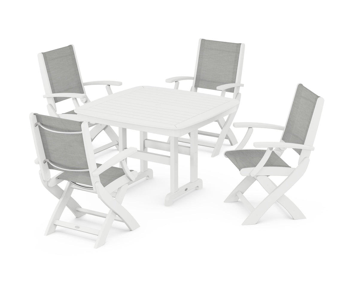 POLYWOOD Coastal Folding Chair 5-Piece Dining Set with Nautical 44" Dining Table in White / Metallic