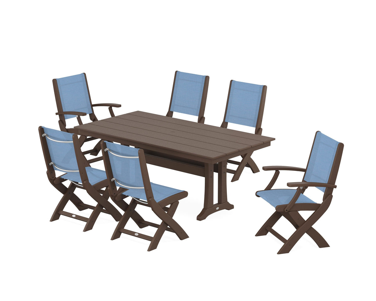 POLYWOOD Coastal Folding Chair 7-Piece Farmhouse Dining Set with Trestle Legs in Mahogany / Poolside