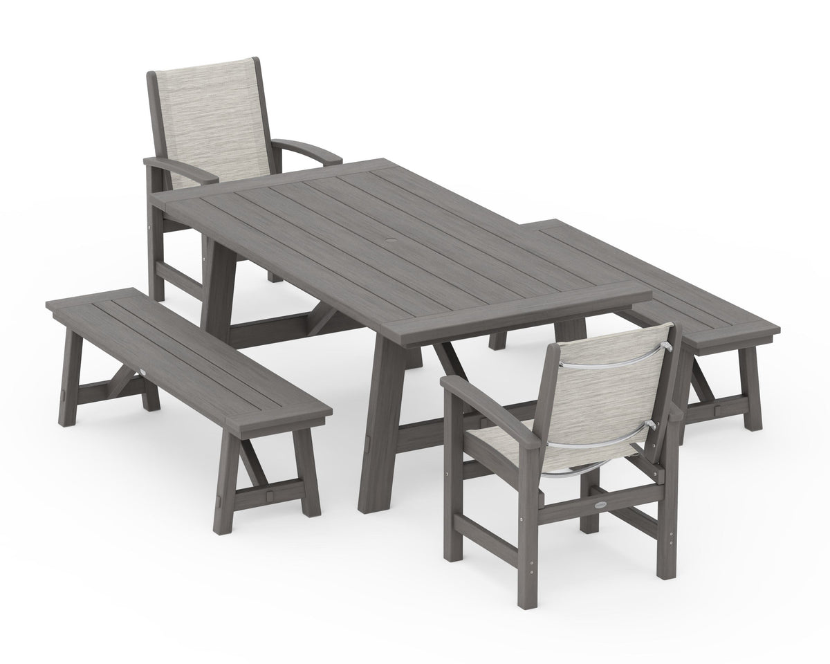 POLYWOOD Coastal 5-Piece Rustic Farmhouse Dining Set With Benches in Driftwood / Birch