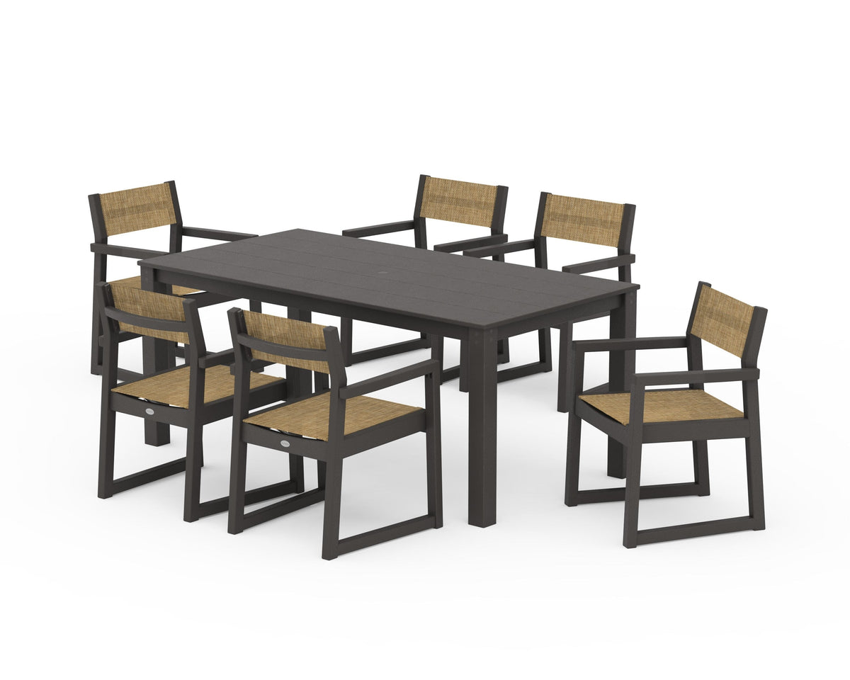 POLYWOOD EDGE Sling Arm Chair 7-Piece Parsons Dining Set in Vintage Coffee / Burlap