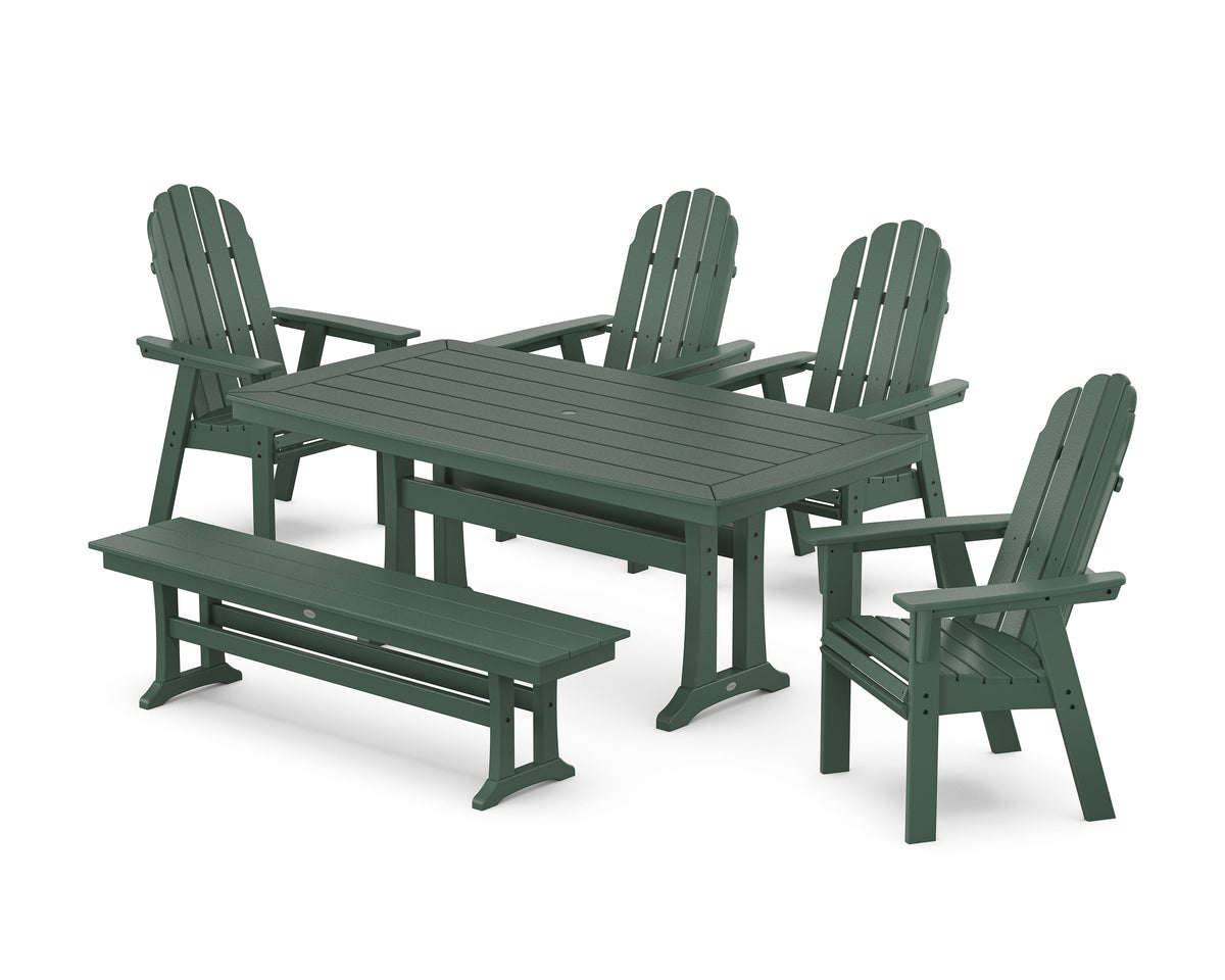 POLYWOOD Vineyard Curveback Adirondack Chair 6-Piece Dining Set with Trestle Legs and Bench in Green