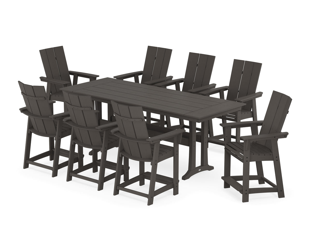 POLYWOOD Modern Curveback Adirondack 9-Piece Farmhouse Counter Set with Trestle Legs in Vintage Coffee