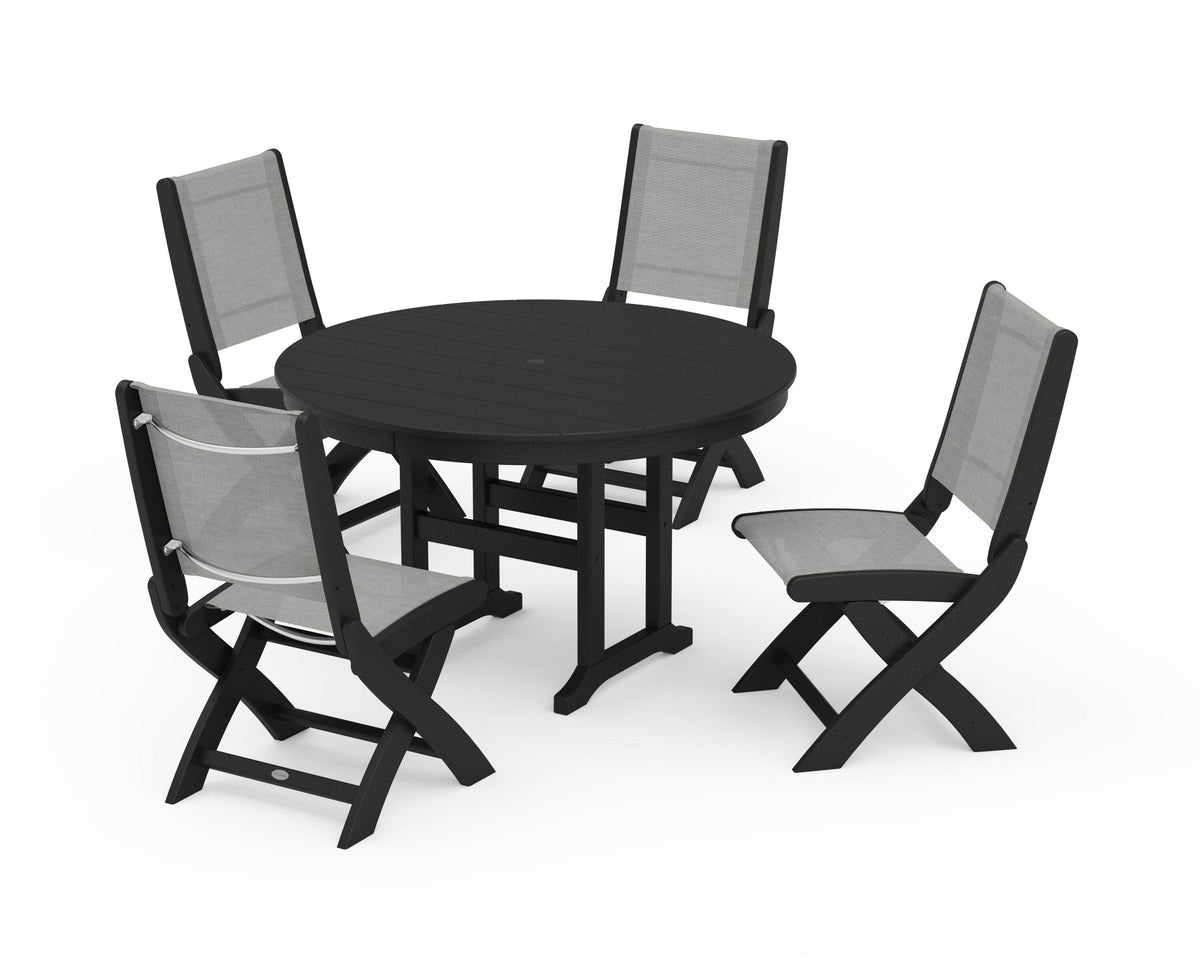 POLYWOOD Coastal Folding Side Chair 5-Piece Round Dining Set in Black / Metallic