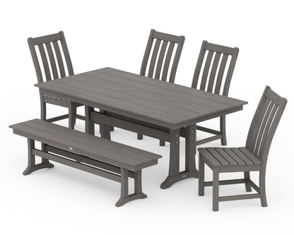 POLYWOOD Vineyard Side Chair 6-Piece Farmhouse Dining Set with Trestle Legs and Bench in Driftwood