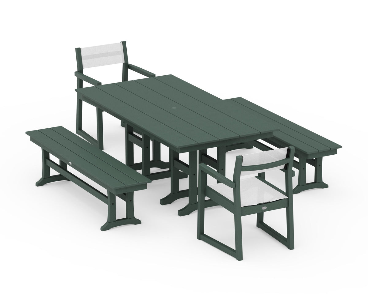 POLYWOOD EDGE Sling Arm Chair 5-Piece Farmhouse Dining Set with Benches in Green / White