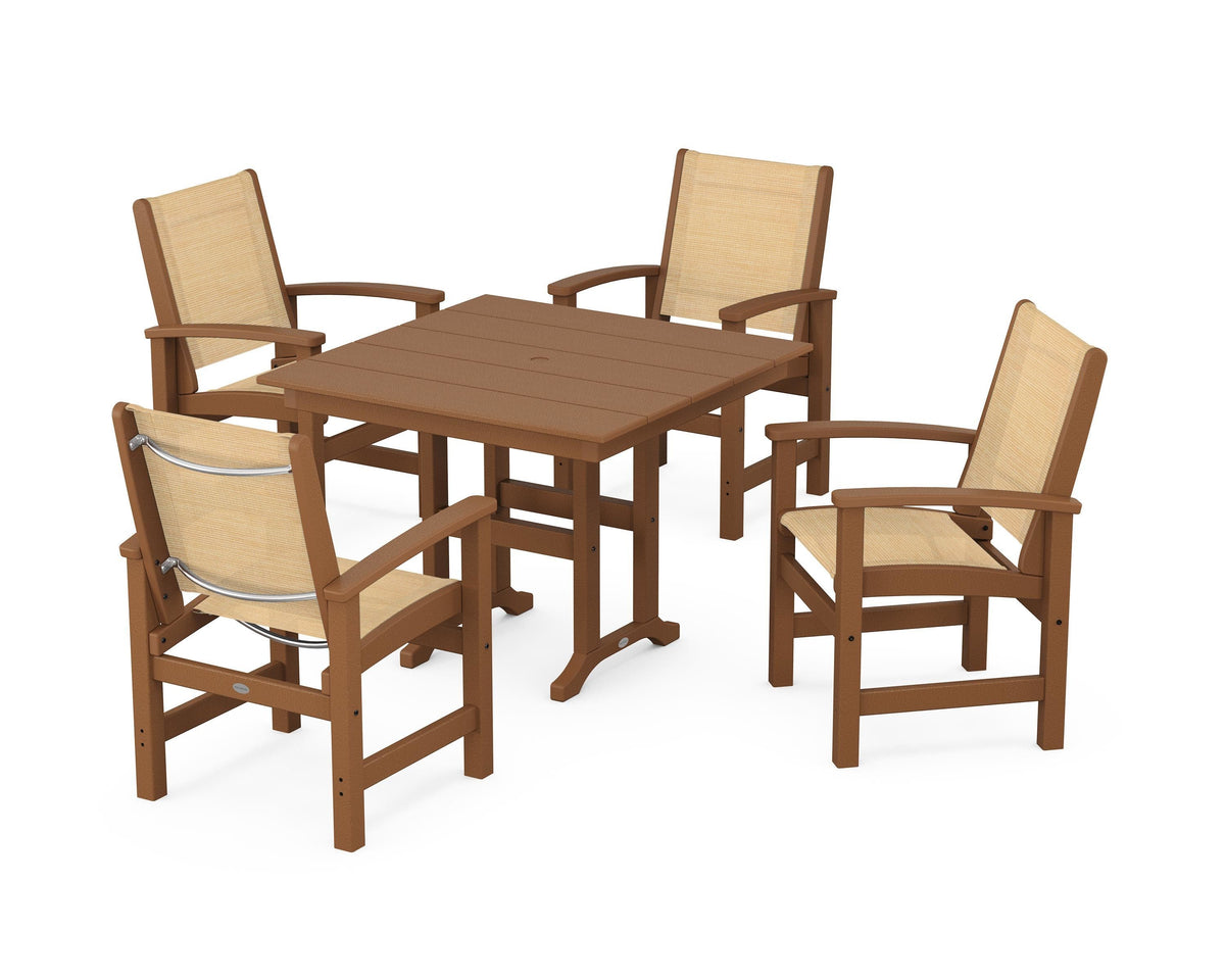 POLYWOOD Coastal 5-Piece Farmhouse Dining Set with Farmhouse 37" Dining Table in Teak / Dupioni Apricot