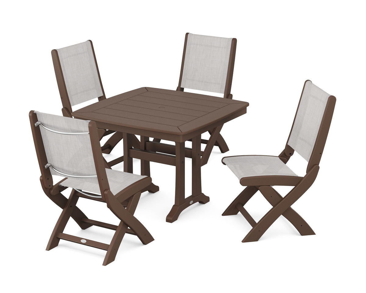 POLYWOOD Coastal Folding Side Chair 5-Piece Dining Set with Trestle Legs in Mahogany / Parchment