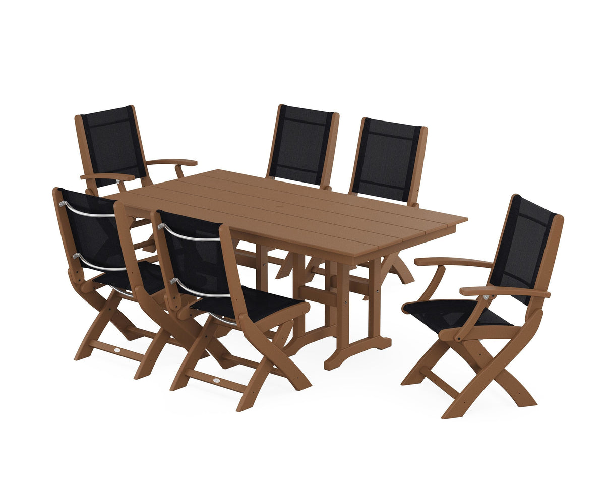 POLYWOOD Coastal Folding Chair 7-Piece Farmhouse Dining Set in Teak / Black