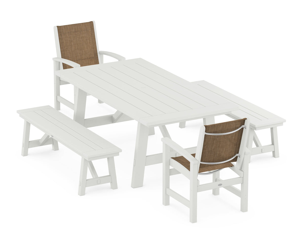 POLYWOOD Coastal 5-Piece Rustic Farmhouse Dining Set With Benches in Vintage White / Burlap