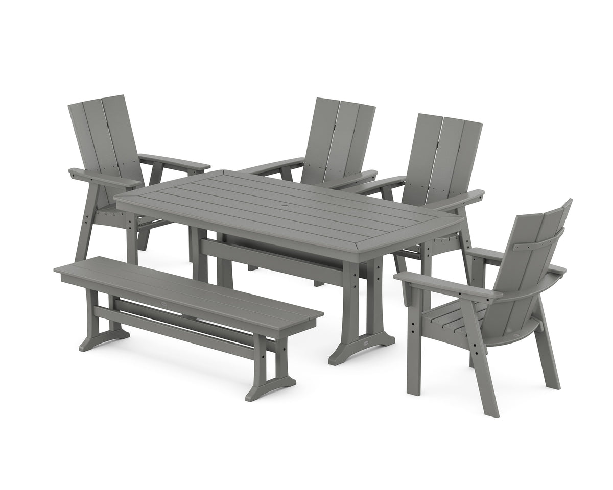 POLYWOOD Modern Curveback Adirondack 6-Piece Farmhouse Dining Set with Trestle Legs and Bench - 38" x 73" Table in Slate Grey